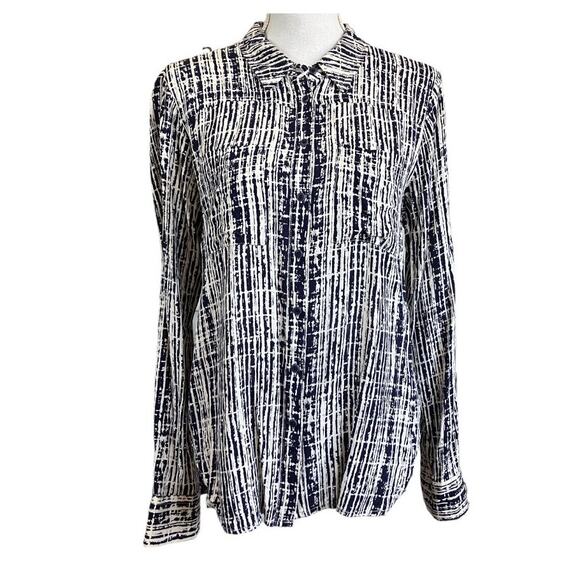 Holding Horses Cream Navy Blue Long Sleeve Button Up Blouse Size 8 - Picture 1 of 4